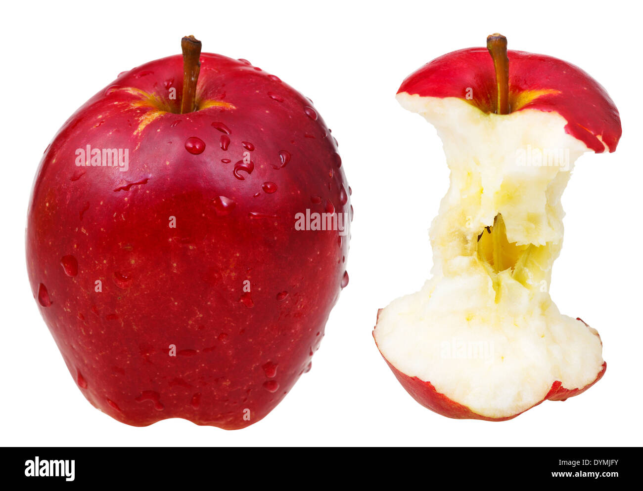 apple core and whole red delicious apple isolated on white background