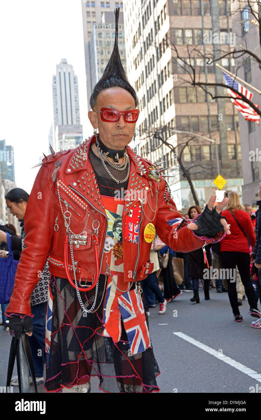 A man in a bizarre outfit with strange jewelry and hair at the Easter Parade in Midtown Manhattan, New York City Stock Photo