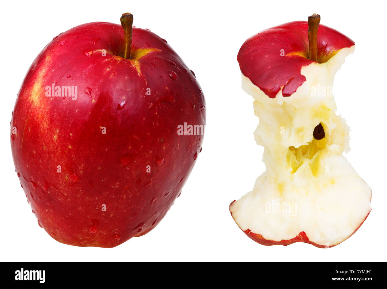 bitten core and whole red delicious apple isolated on white background ...