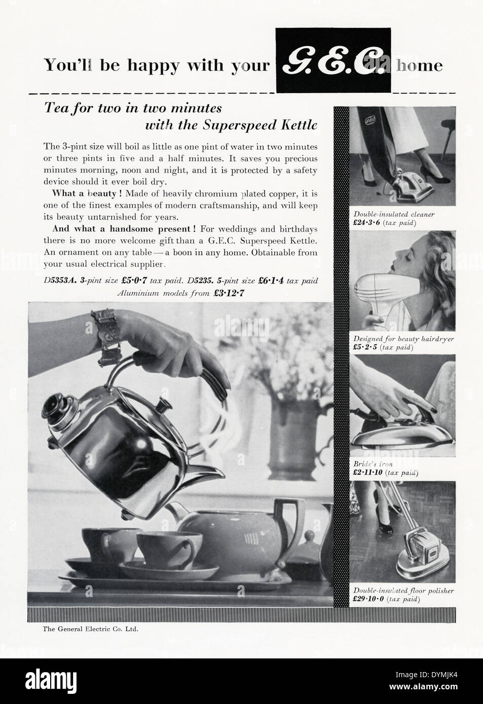 Old advert for a GEC electric kettle and other household electrical goods. The advert appeared in a magazine in 1956 Stock Photo