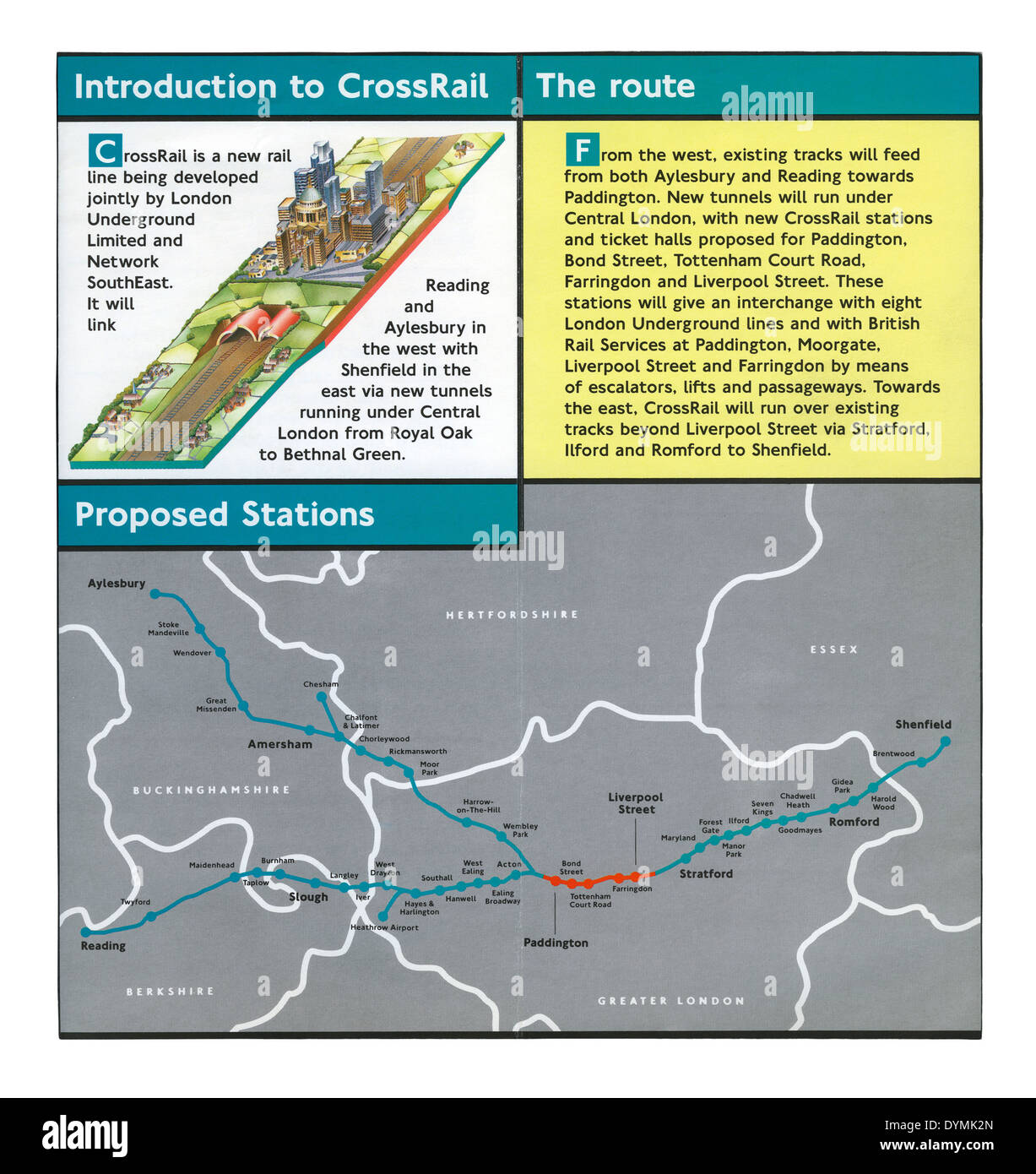 A Crossrail leaflet from the early 1990s - a map shows plans for the rail route below central London and a line to Aylesbury Stock Photo