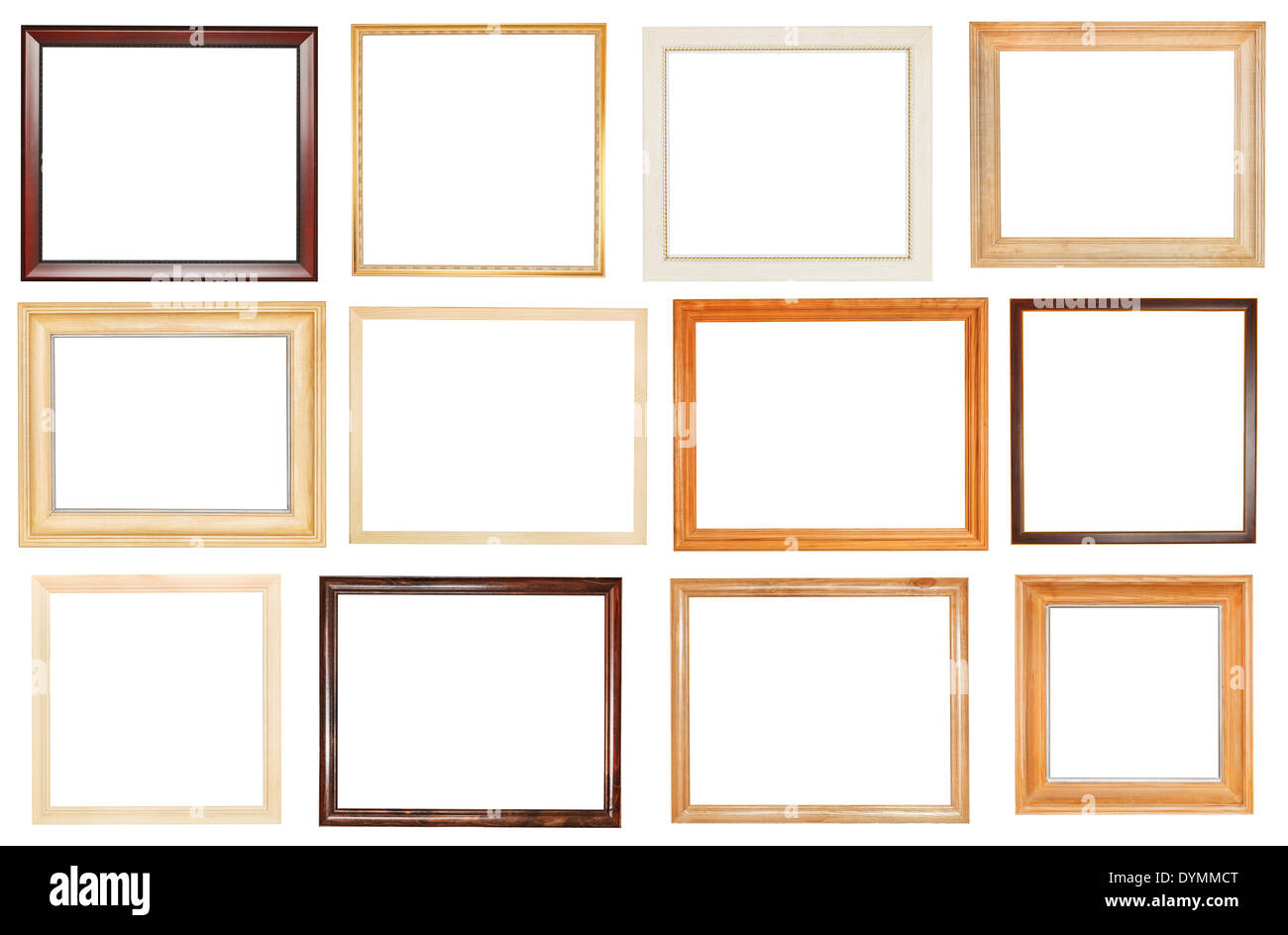 set of wide wooden picture frames with cut out canvas isolated on white ...