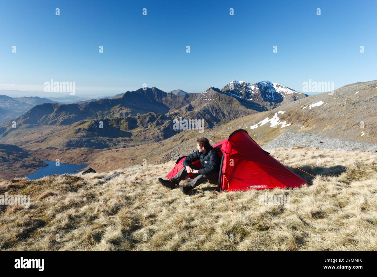 Wild Camping On Glyder Fach With Mt Snowdon In The Distance Snowdonia National Park Wales Uk Stock Photo Alamy