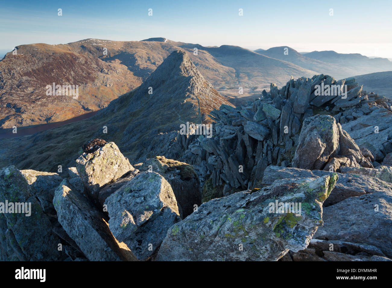View from Bristly Ridge towards Tryfan and the Carneddau Range Beyond. Snowdonia National Park. Wales. UK. Stock Photo