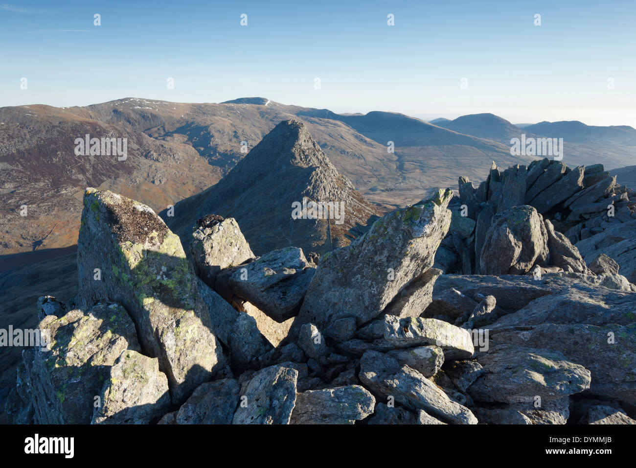View from Bristly Ridge towards Tryfan and the Carneddau Range Beyond. Snowdonia National Park. Wales. UK. Stock Photo