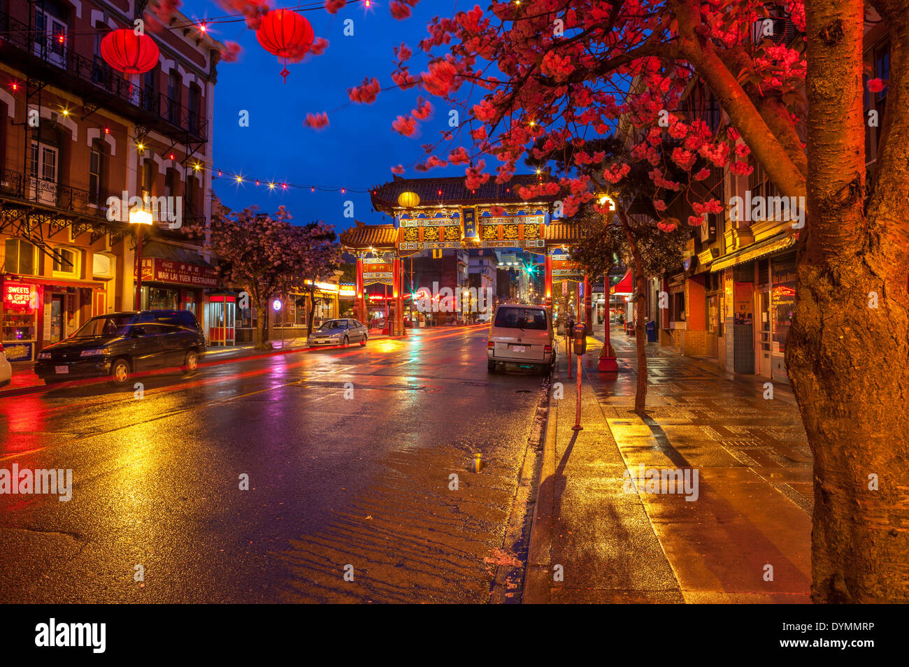 Fisgard street in Chinatown lit up at night-Victoria, British Columbia, Canada. Stock Photo