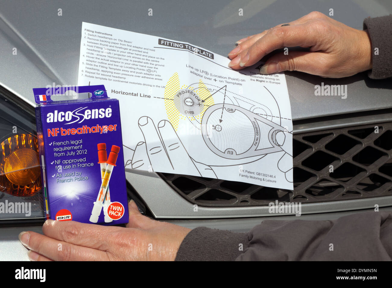 Close-up image of Breathalysers and a Headlamp Deflector Kit, part of the requirements for motoring in France. Stock Photo