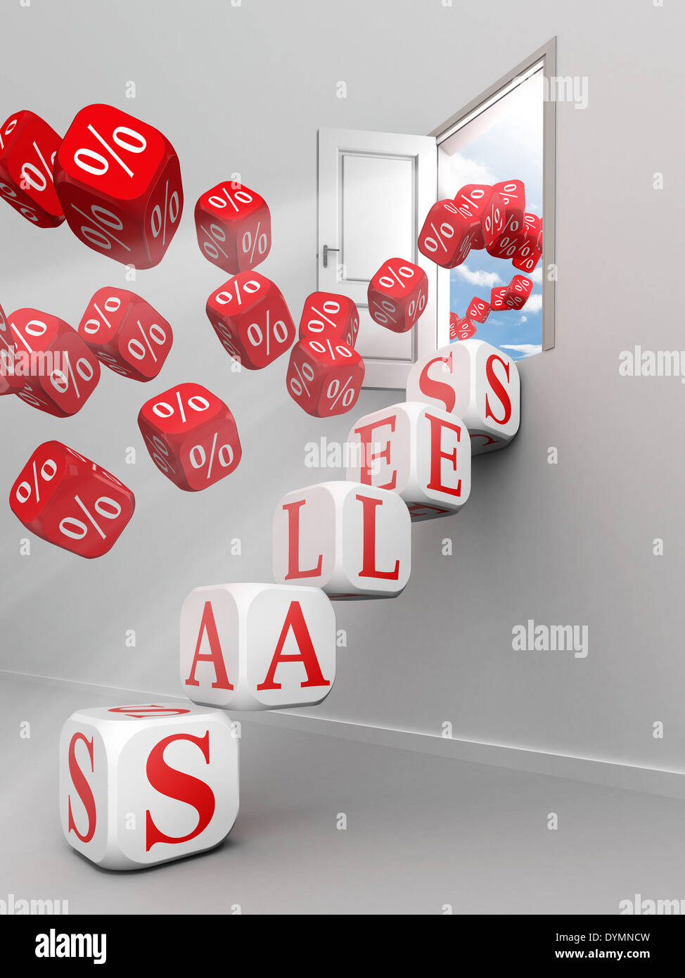 sales red word steps up to open door and per cent symbols  Stock Photo