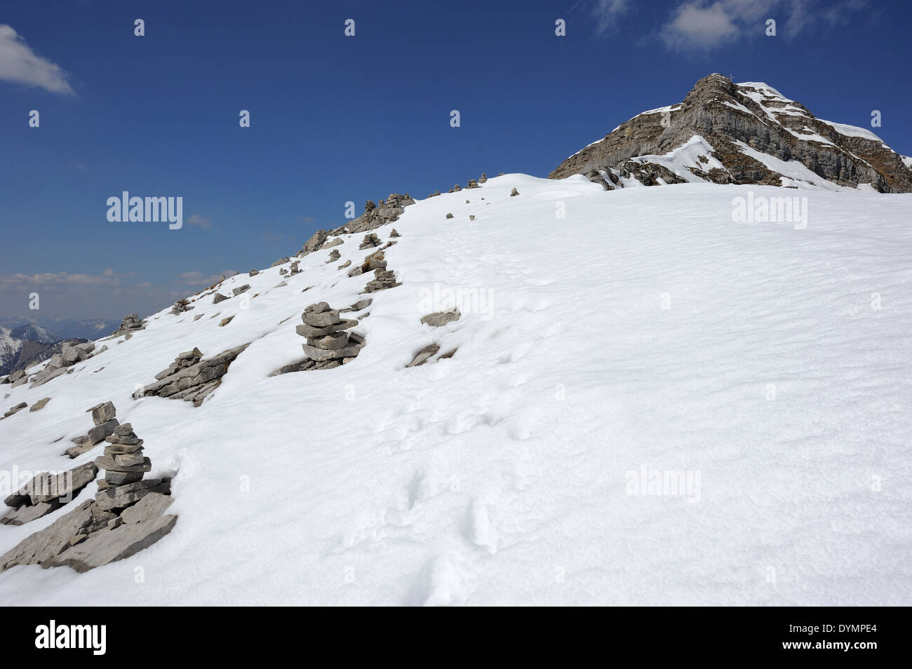 cairns on the way to Schafreuter summit and mountain panorama, Karwendel, Austrian German border region Stock Photo