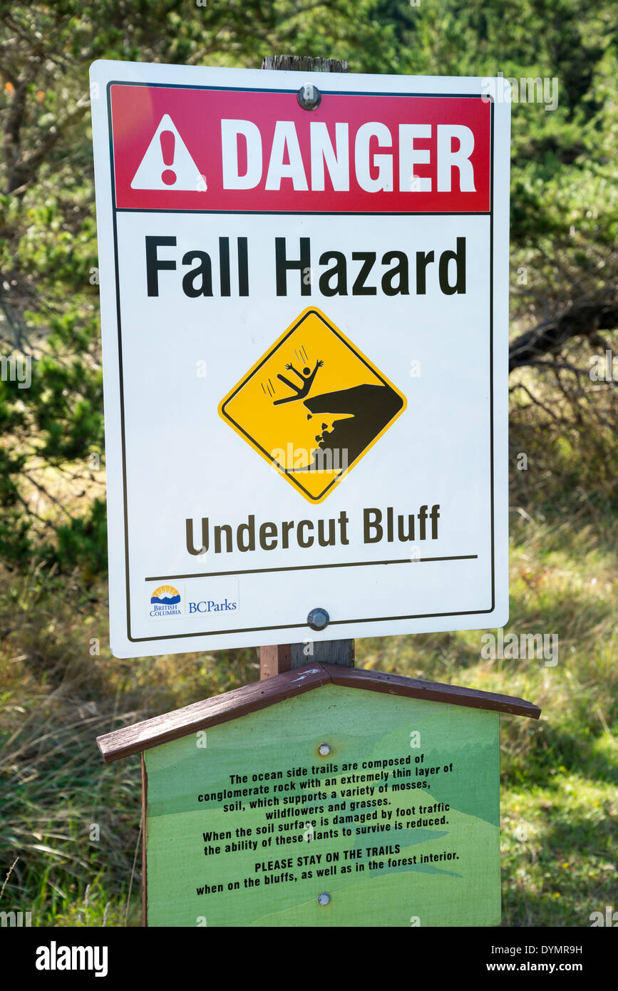 Fall Hazard sign, undercut bluff, Helliwell Provincial Park, Hornby Island, British Columbia, Canada Stock Photo