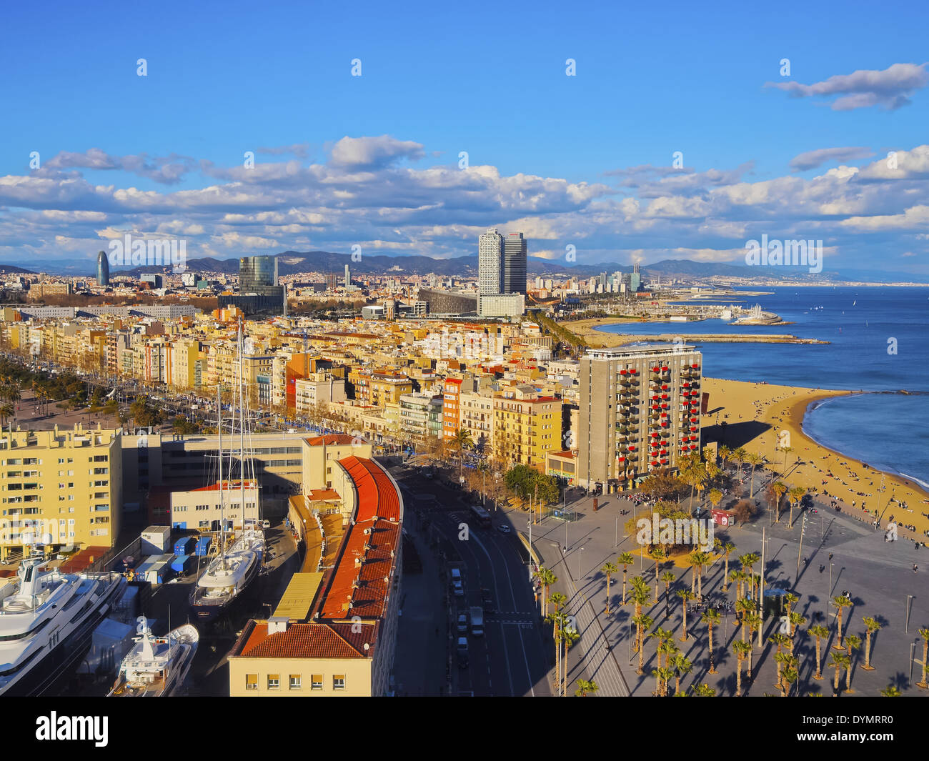 Aerial view of Barceloneta Beach and cityscape of Barcelona, Catalonia, Spain Stock Photo