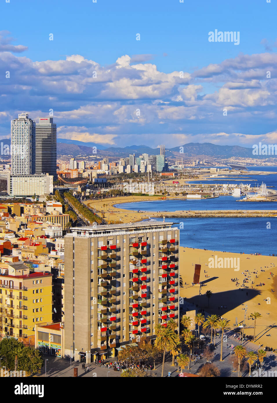 Aerial view of Barceloneta Beach and cityscape of Barcelona, Catalonia, Spain Stock Photo