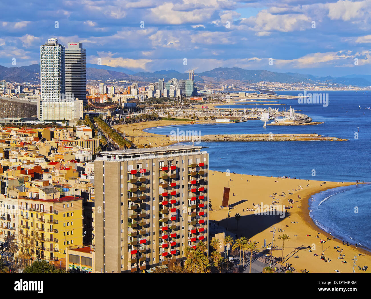 Aerial view of Barceloneta Beach and cityscape of Barcelona, Catalonia, Spain Stock Photo