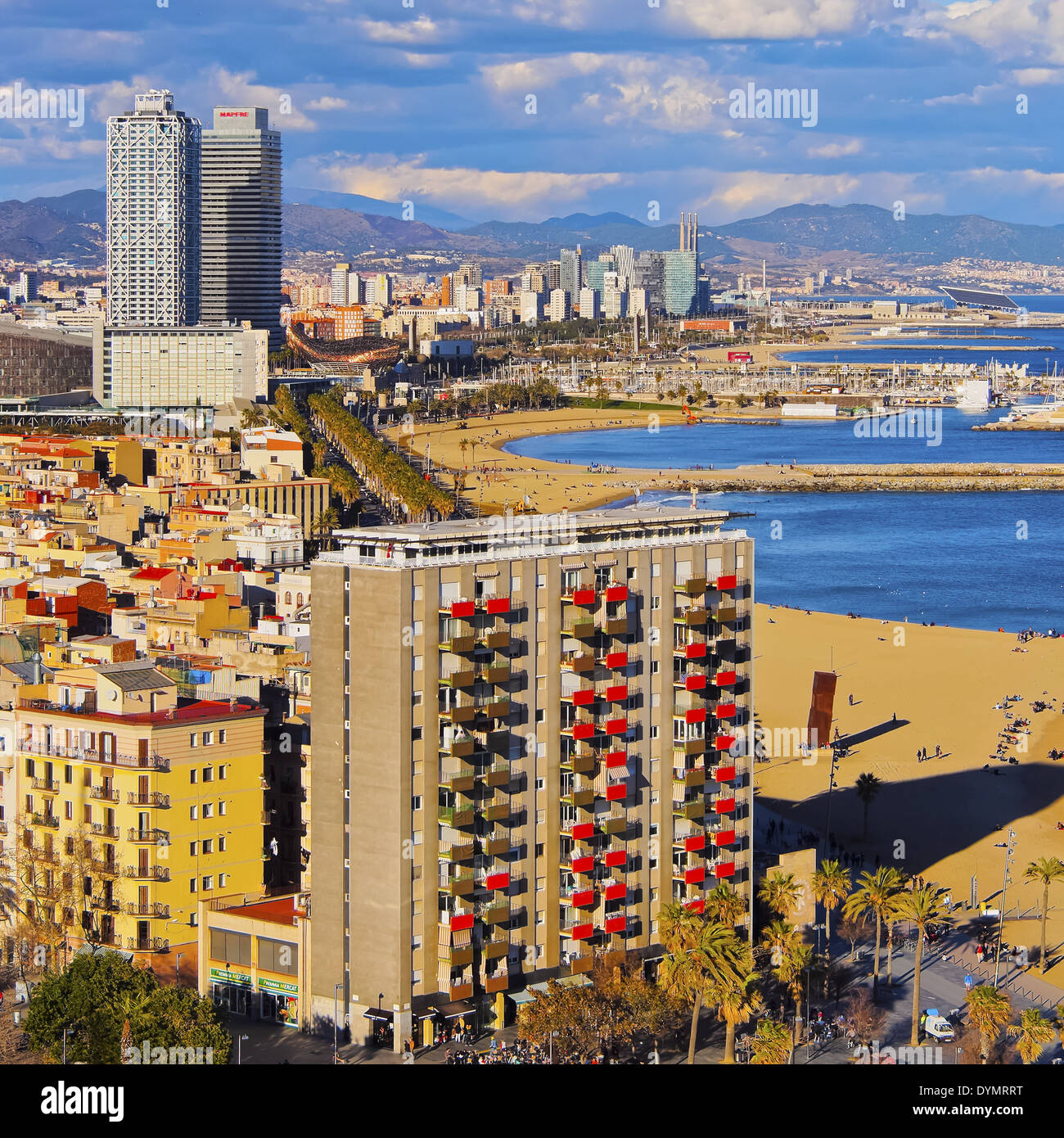 Aerial view of Barceloneta Beach and cityscape of Barcelona, Catalonia, Spain Stock Photo