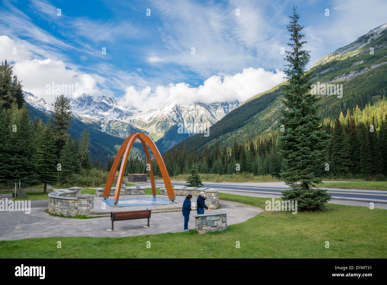 Rogers Pass summit monument, Rogers Pass National Historic Site of Canada, Glacier National Park, BC, Canada Stock Photo
