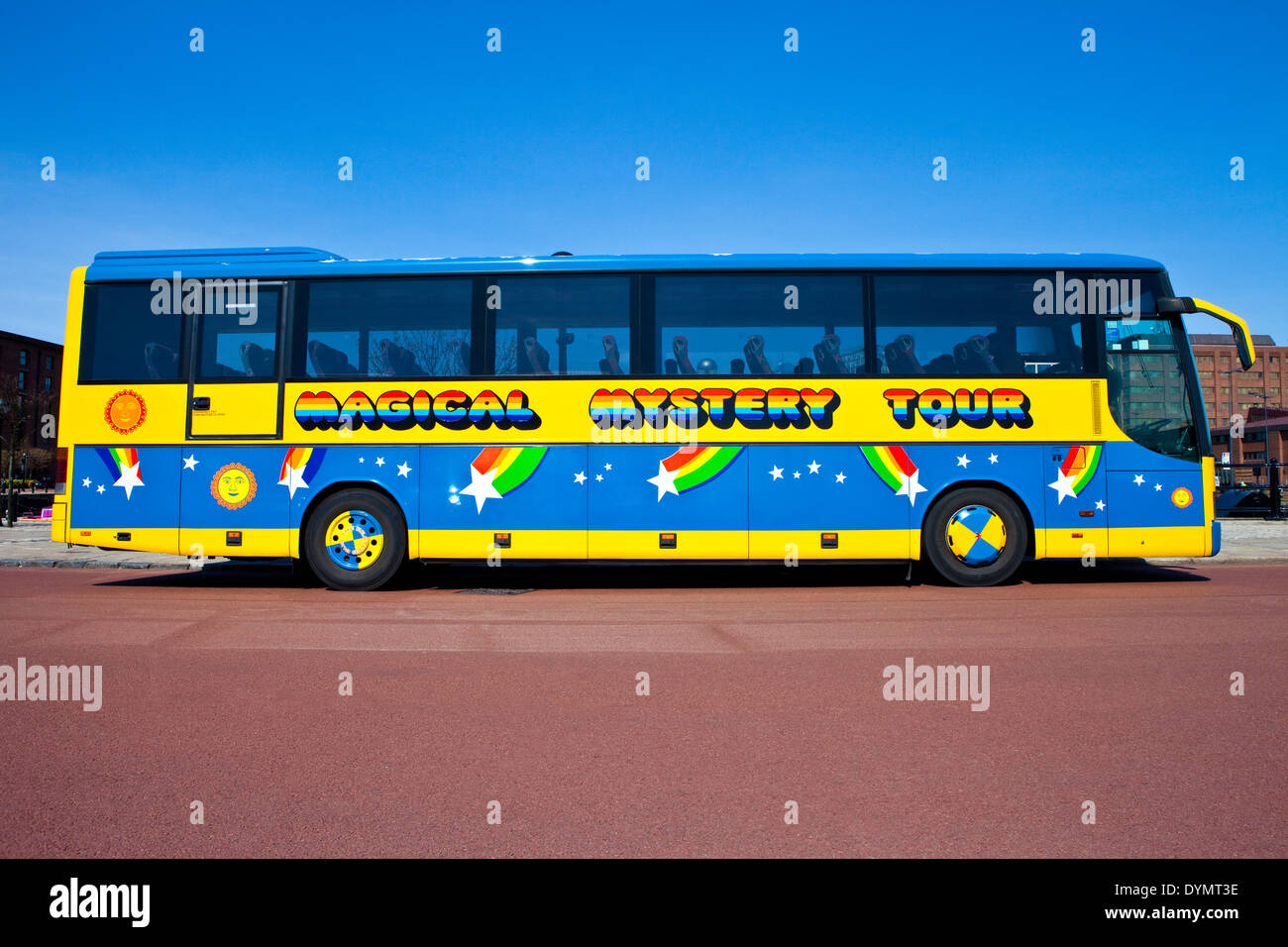 A Magical Mystery Tour bus in Liverpool used to take tourists around to see all of 'The Beatles' landmarks on 15th April 2014. Stock Photo