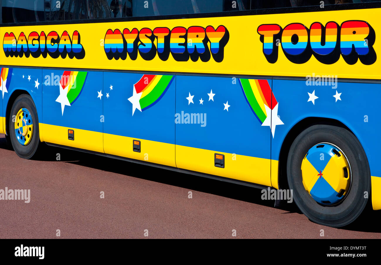 A Magical Mystery Tour bus in Liverpool used to take tourists around to see all of 'The Beatles' landmarks on 15th April 2014. Stock Photo