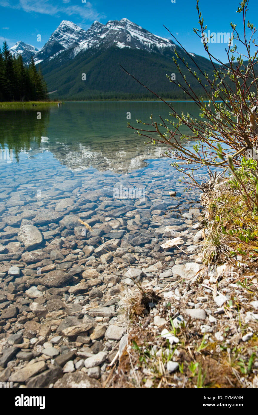 Mountains reflecting in the Spray Lakes Stock Photo