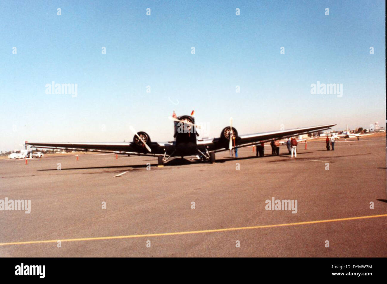 The Junkers Ju-52/3m is a German transport aircraft used during World War II. Known for its distinctive corrugated metal design, the Ju-52 was used for troop transport, supply drops, and airlifting operations in various theaters of the war. Stock Photo