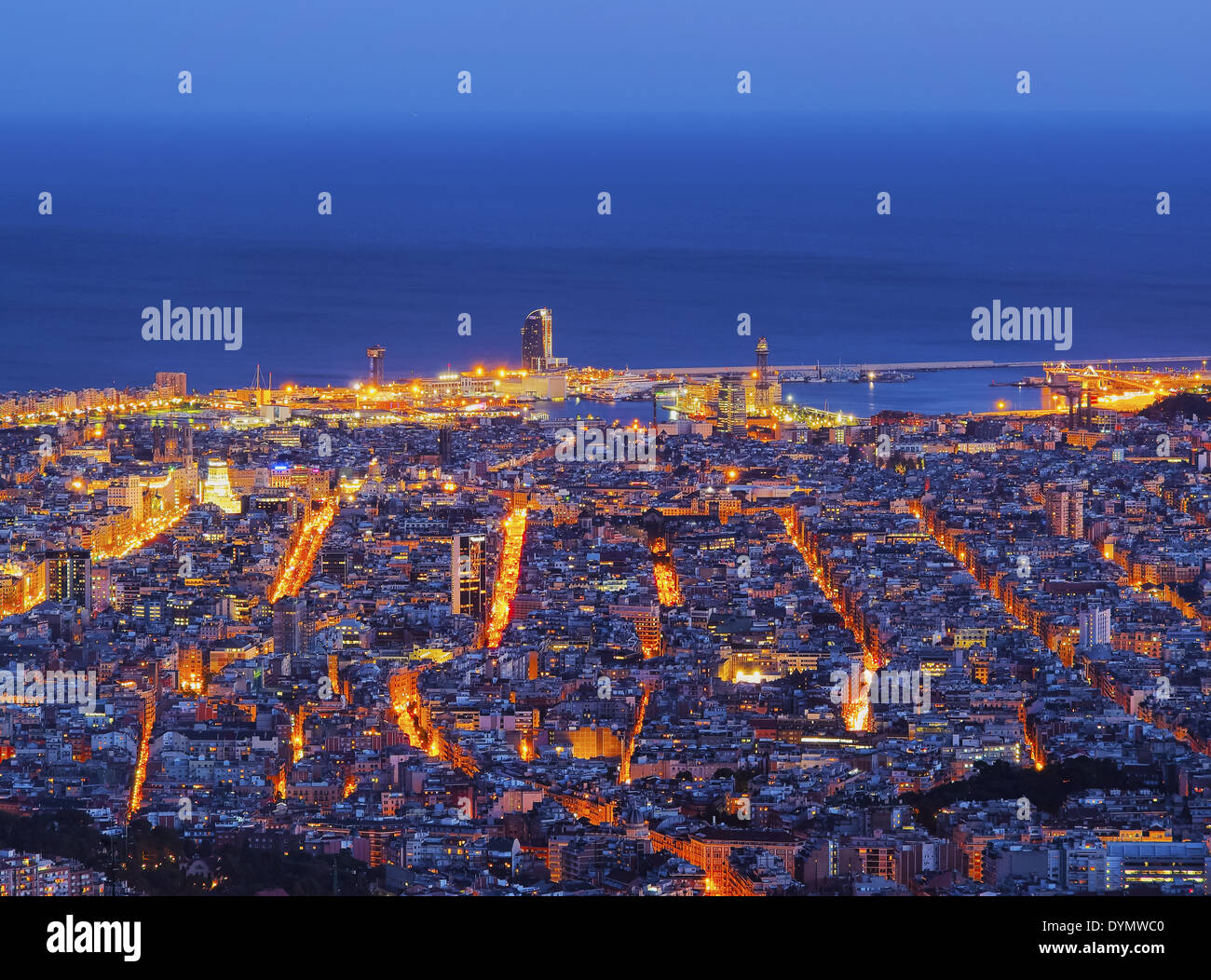 Barcelona Cityscape during the blue hour - view from Tibidabo Mountain, Catalonia, Spain Stock Photo