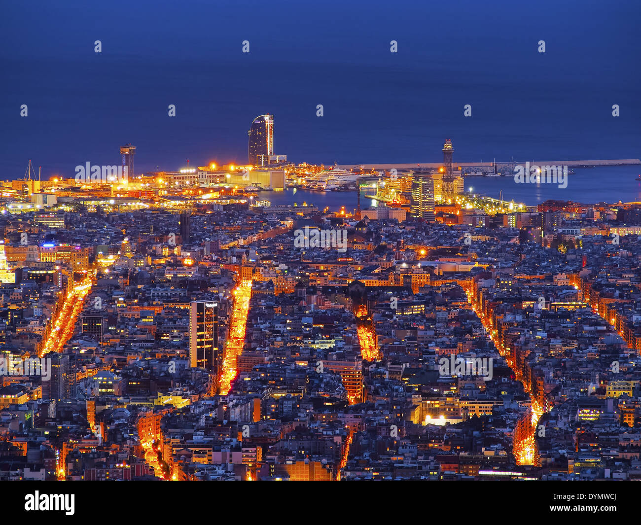 Barcelona Cityscape during the blue hour - view from Tibidabo Mountain, Catalonia, Spain Stock Photo