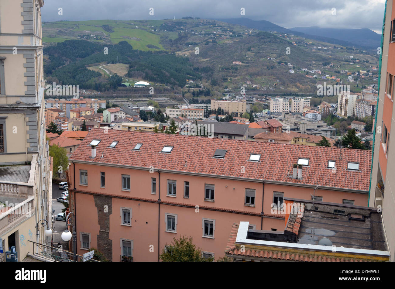 A view of Potenza from one of the highest pointsshows the Italian countryside in the background. Stock Photo