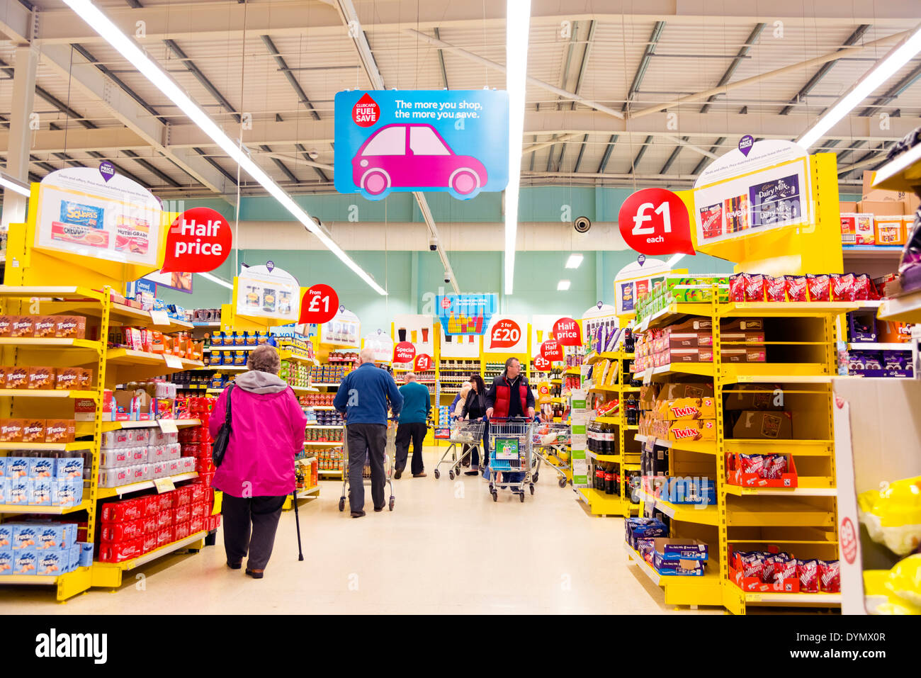 Tesco supermarket aisle, UK. Stock Photo