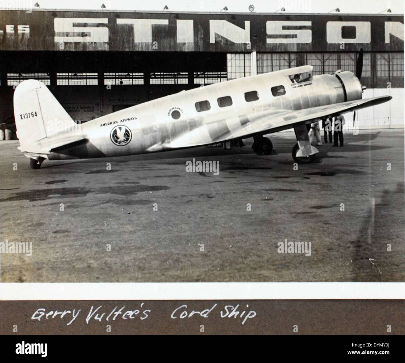 This photo shows the Vultee Model V-1 aircraft, operated by American Airlines. The aircraft, powered by the Wright R-1820 engine, was a significant model in early airliner development. It was used for commercial flights in South America during the 1930s and early 1940s. Stock Photo