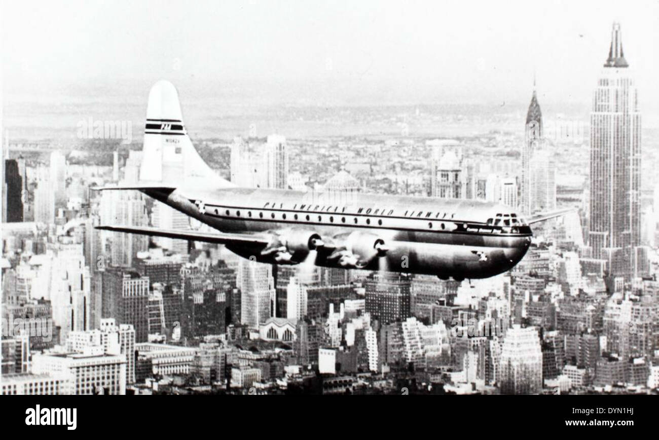 The Boeing Model 377 Stratocruiser was a long-range airliner developed in the post-World War II era. Featuring a pressurized cabin and advanced features for its time, the Stratocruiser was used primarily by Pan American World Airways for transoceanic flights. Its design was based on the Boeing B-17 bomber, reflecting the influence of military aviation on commercial aircraft. Stock Photo
