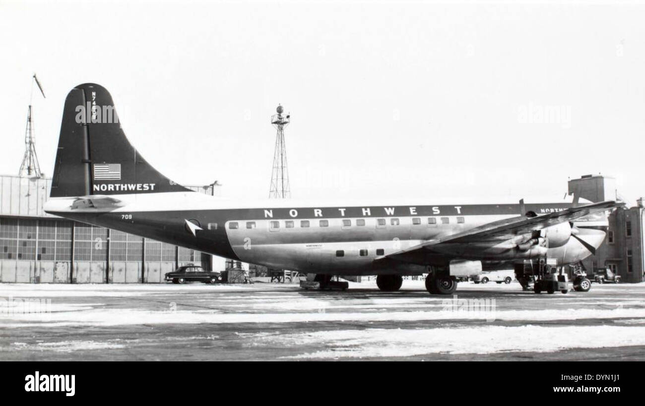 The Boeing 377 Stratocruiser, a civilian airliner developed in the 1940s, was known for its large capacity and luxurious features. It was a significant advancement in aviation during the post-war period and was used by airlines such as Pan American Airways. The aircraft played a key role in transcontinental and international flights. Stock Photo