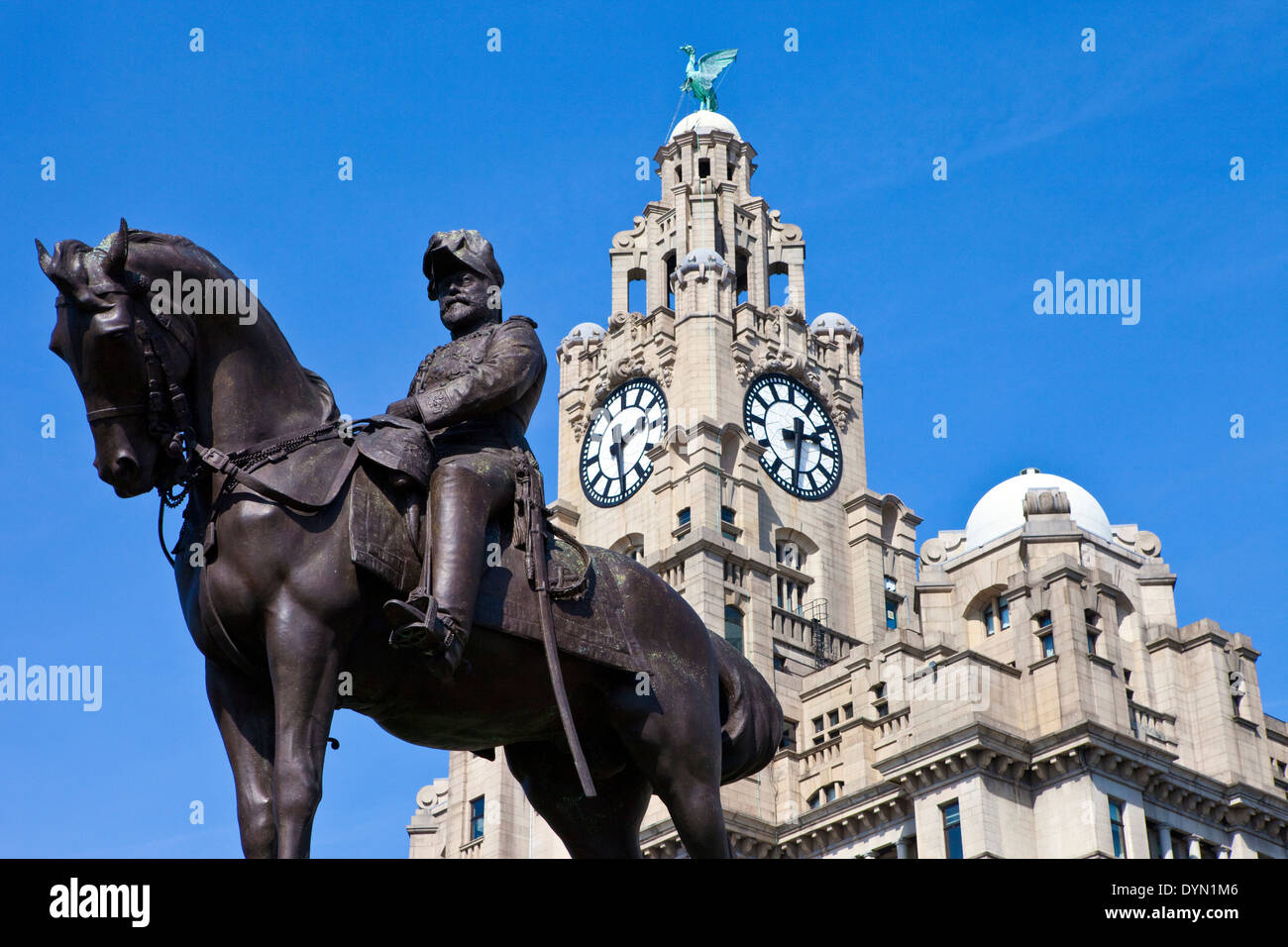 The King Edward VII Monument with the Liver Building in the background. Liverpool, England. Stock Photo
