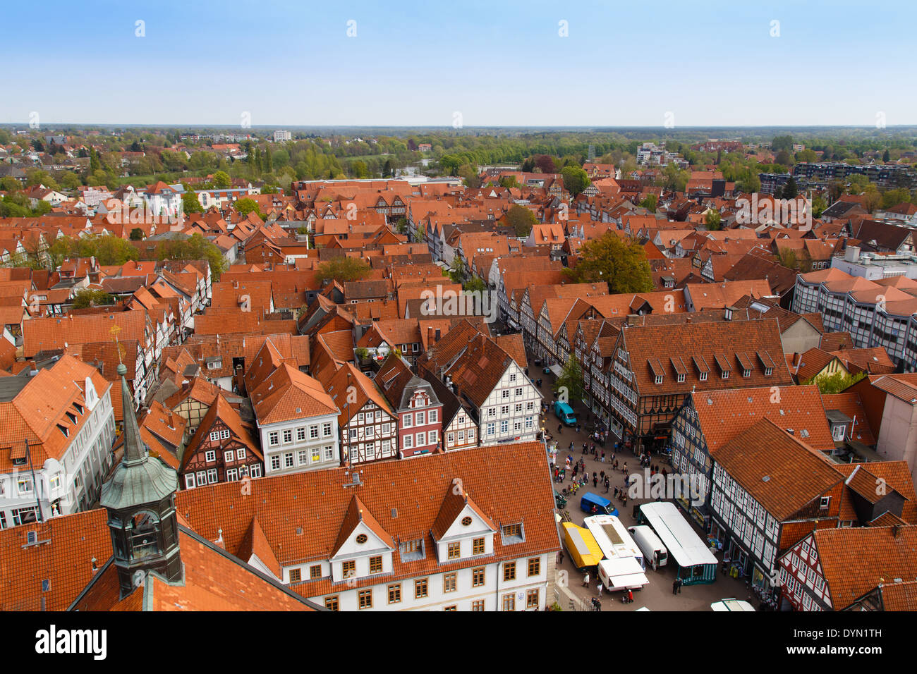 Photograph of the rooftops of Celle taken from the top of the city church (Stadtkirche). Stock Photo