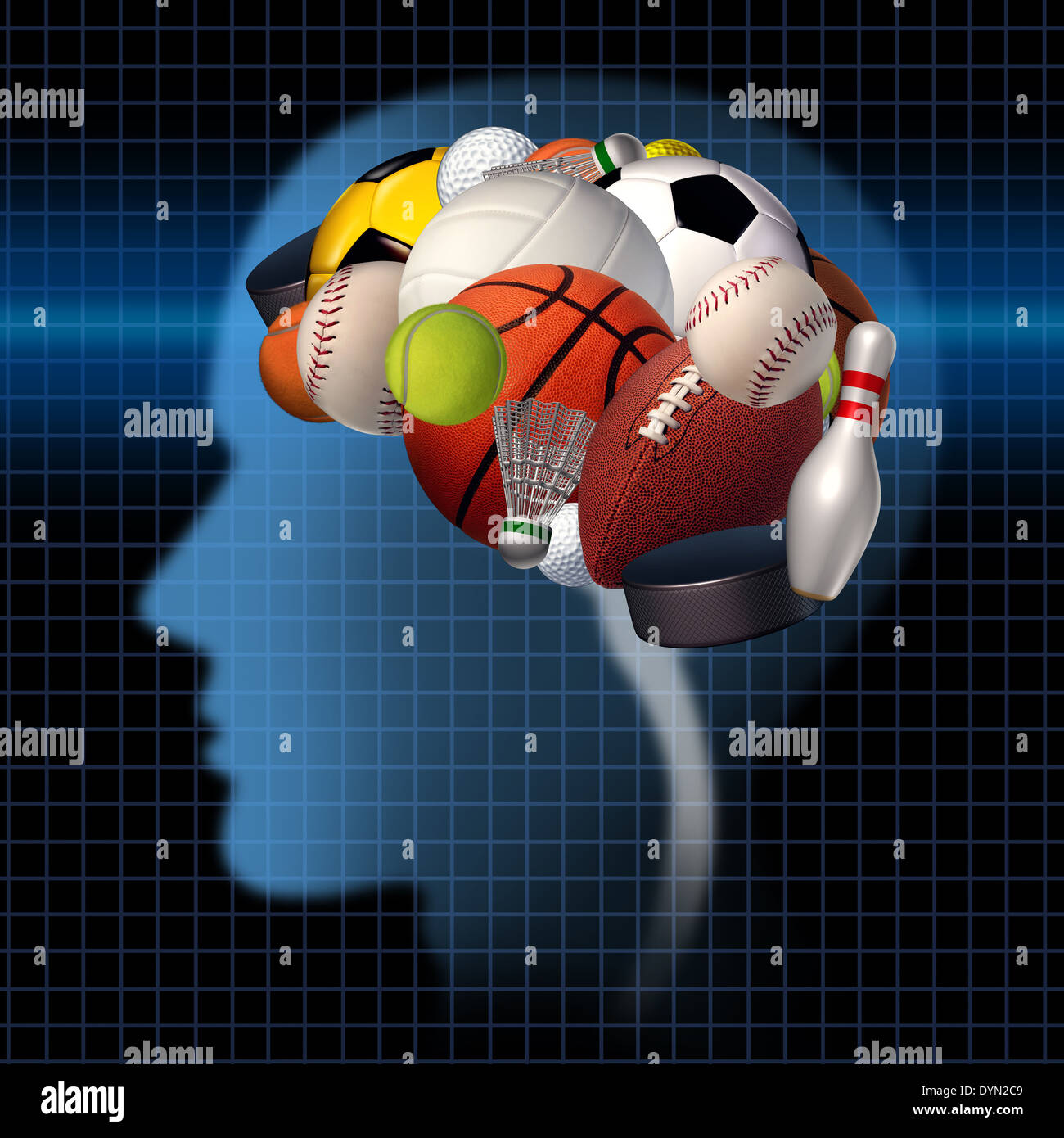Sport psychology concept as a group of sports equipment shaped as a human brain as a mental health symbol for the relationsip between psychological and physical elements of neurology to improve performance in athletes and treating competitive anxiety,. Stock Photo