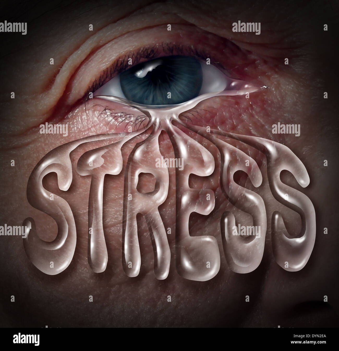 Human stress concept as an eye crying a tear drop that is shaped with letters as a metaphor for mental health problems related Stock Photo