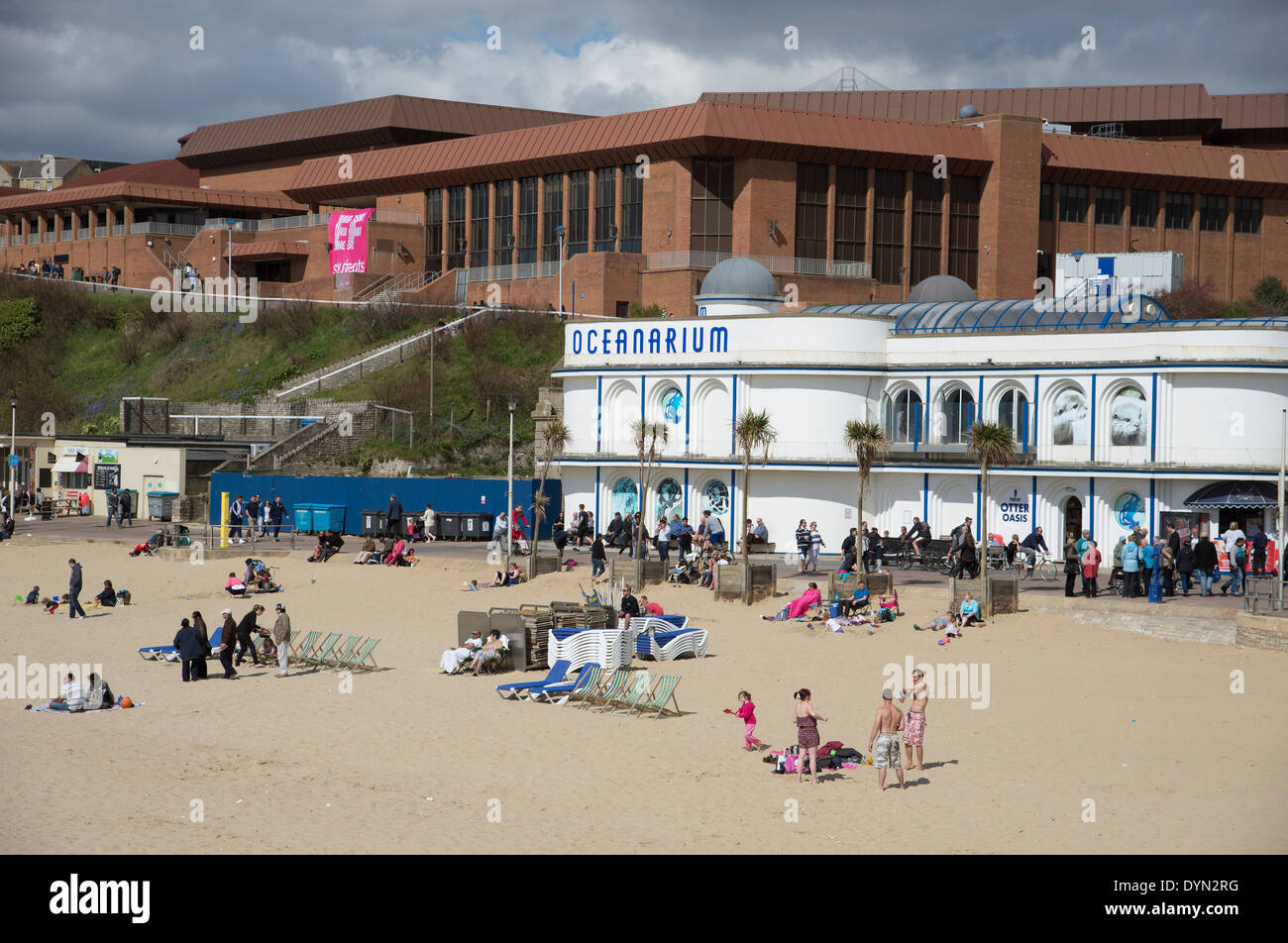 Bournemouth seafront looking west Popular English resort The BIC complex and Oceanarium building overlooking the beach Stock Photo