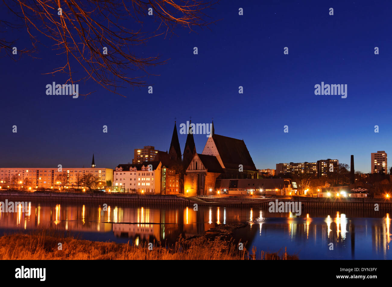 Frankfurt an der Oder, Germany at night city view Reflection Water night scene long exposure lights promenade looking over water Stock Photo