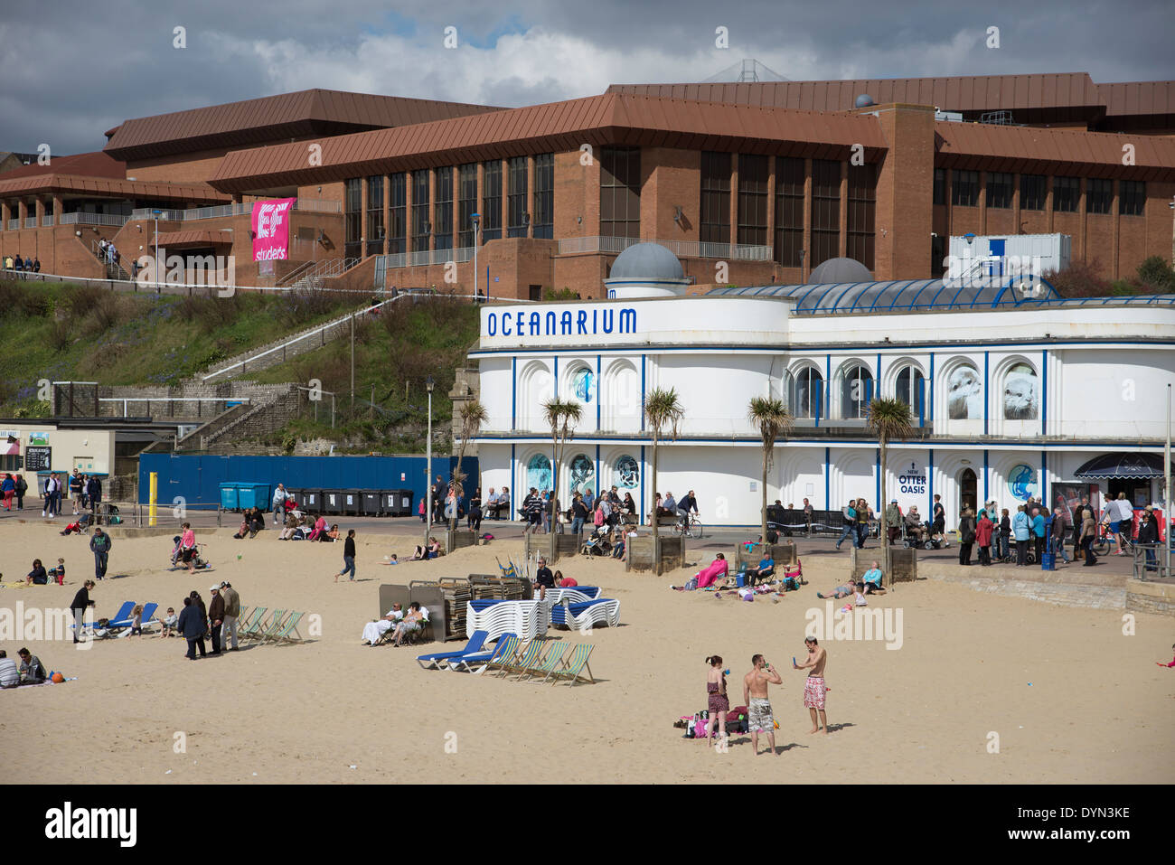 Bournemouth seafront looking west Popular English resort The BIC complex and Oceanarium building overlooking the beach Stock Photo