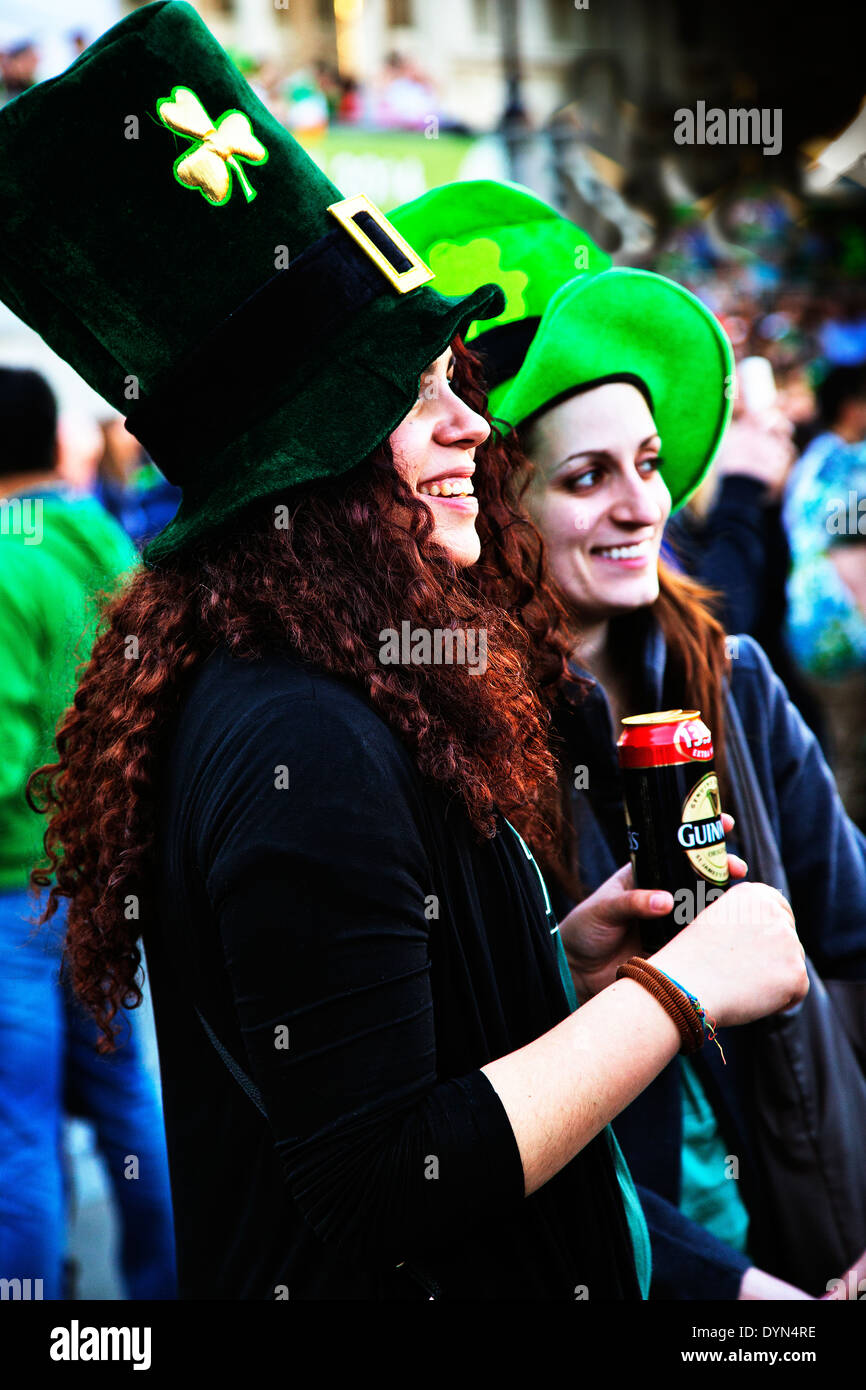 Face in the crowd, St.Patrick's Day, Trafalgar Square, London, England, UK Stock Photo
