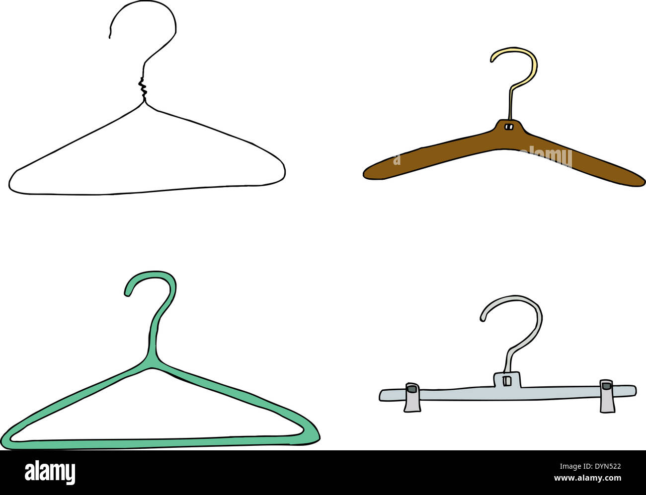 Plastic, metal and wooden clothes hangers over white background Stock