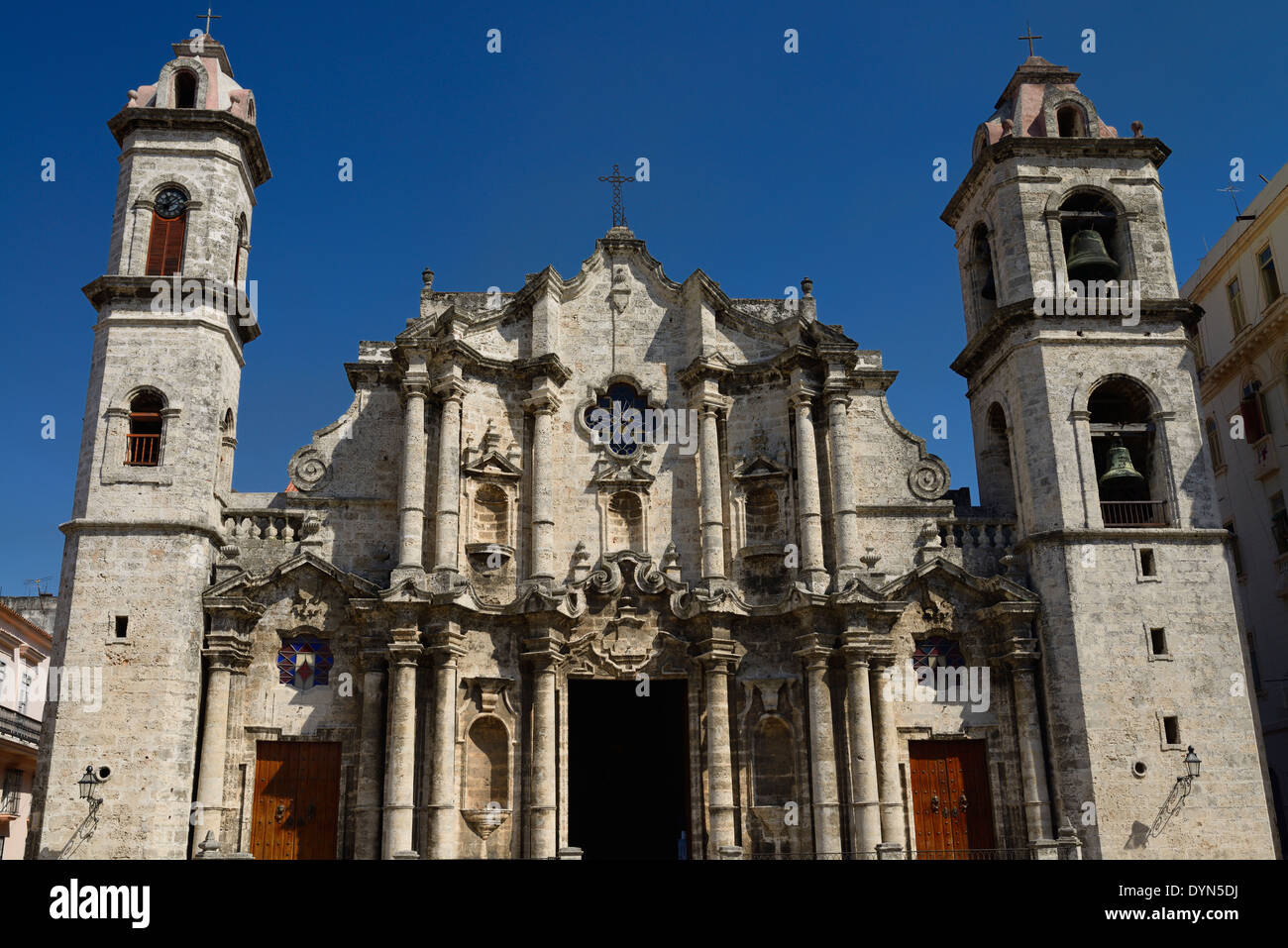 Front of the Havana Virgin Mary of the Immaculate Conception Roman Catholic Cathedral with clock and bell towers against a blue sky Cuba Stock Photo