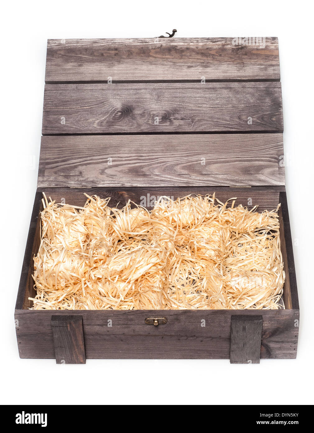 Empty wood gift box with straw Stock Photo