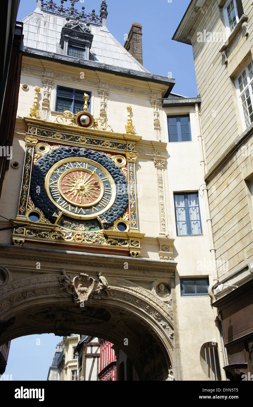 Giant Medieval Clock (Gros Horloge) in Rouen, France Stock Photo