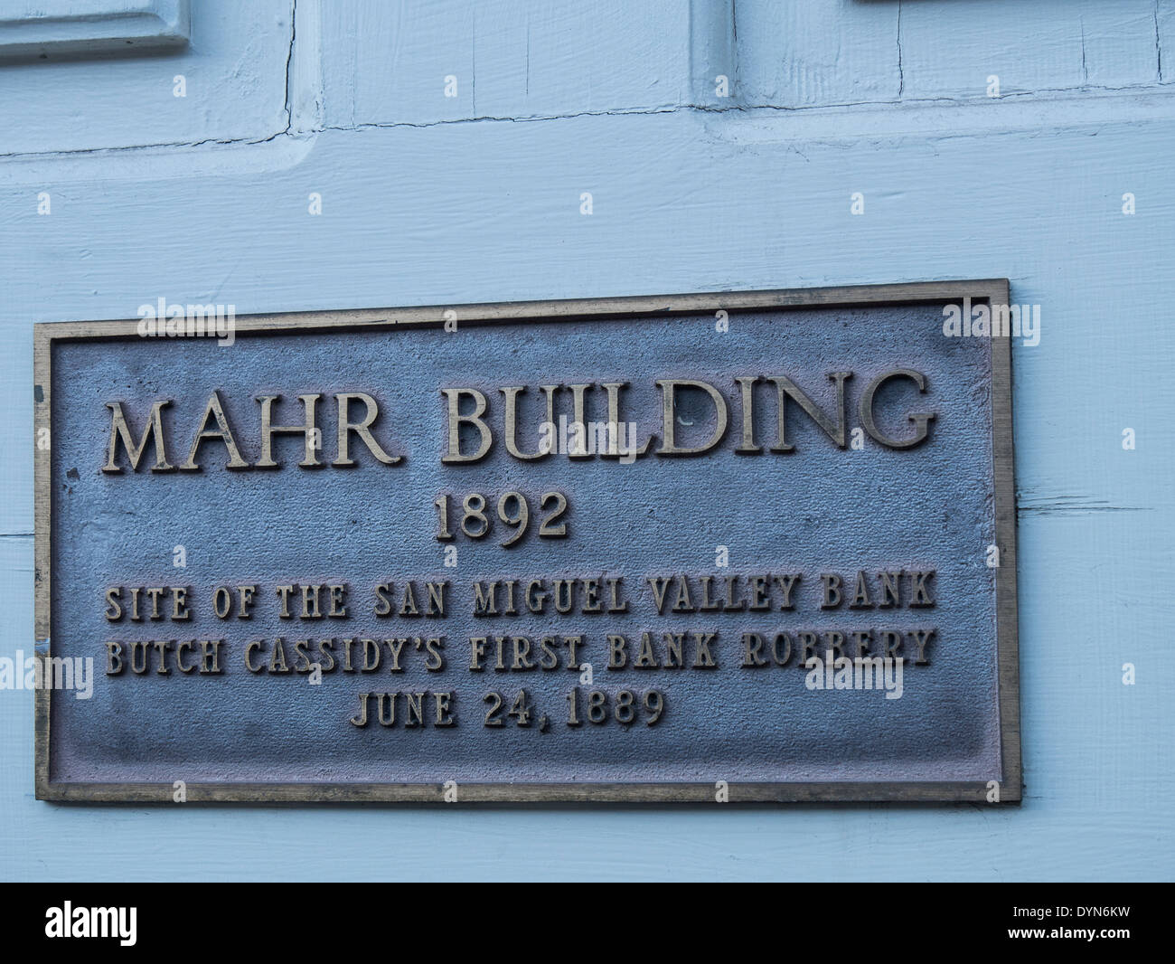 Mahr Building plaque, Butch Cassidy's first bank robbery, Colorado Avenue, Telluride, Colorado. Stock Photo