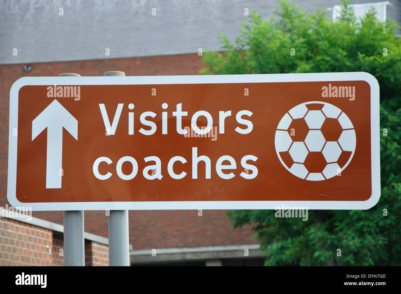 brown football visitors coaches sign, Chesterfield, Derbyshire, England, UK Stock Photo