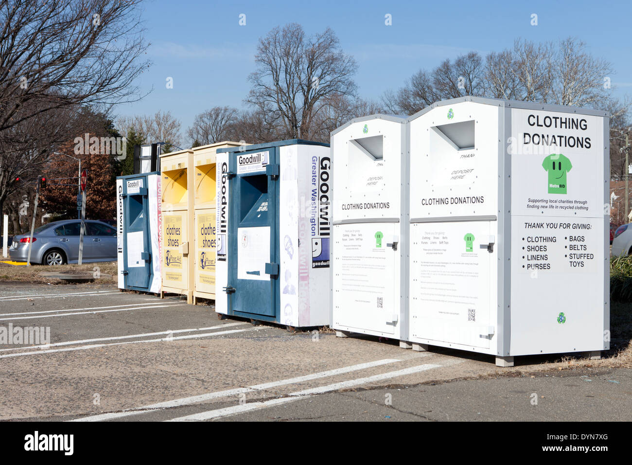 Used clothing donation bins - Virginia USA Stock Photo