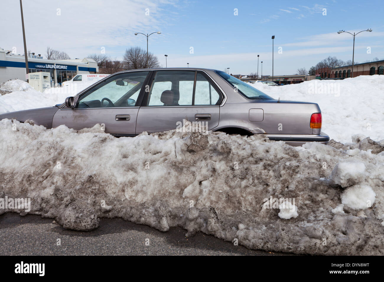 Car blocked by high plowed snow USA Stock Photo Alamy