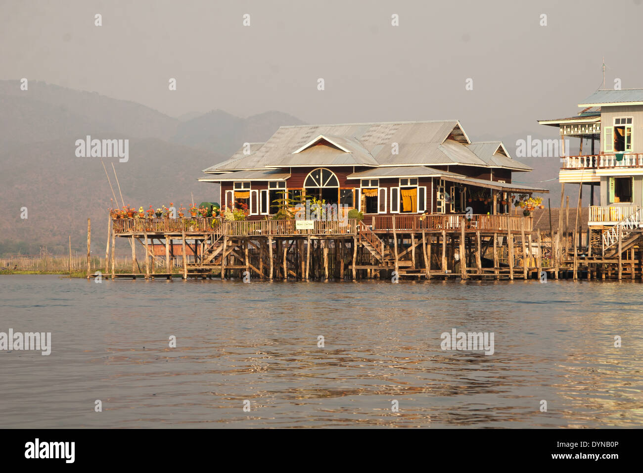 Stilted hotel Inle Lake Burma Stock Photo