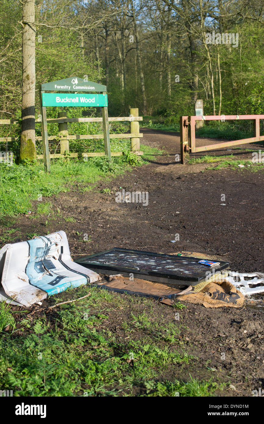 Flat screen TV fly tipped on the edge of a woodland. Northhamptonshire. England Stock Photo