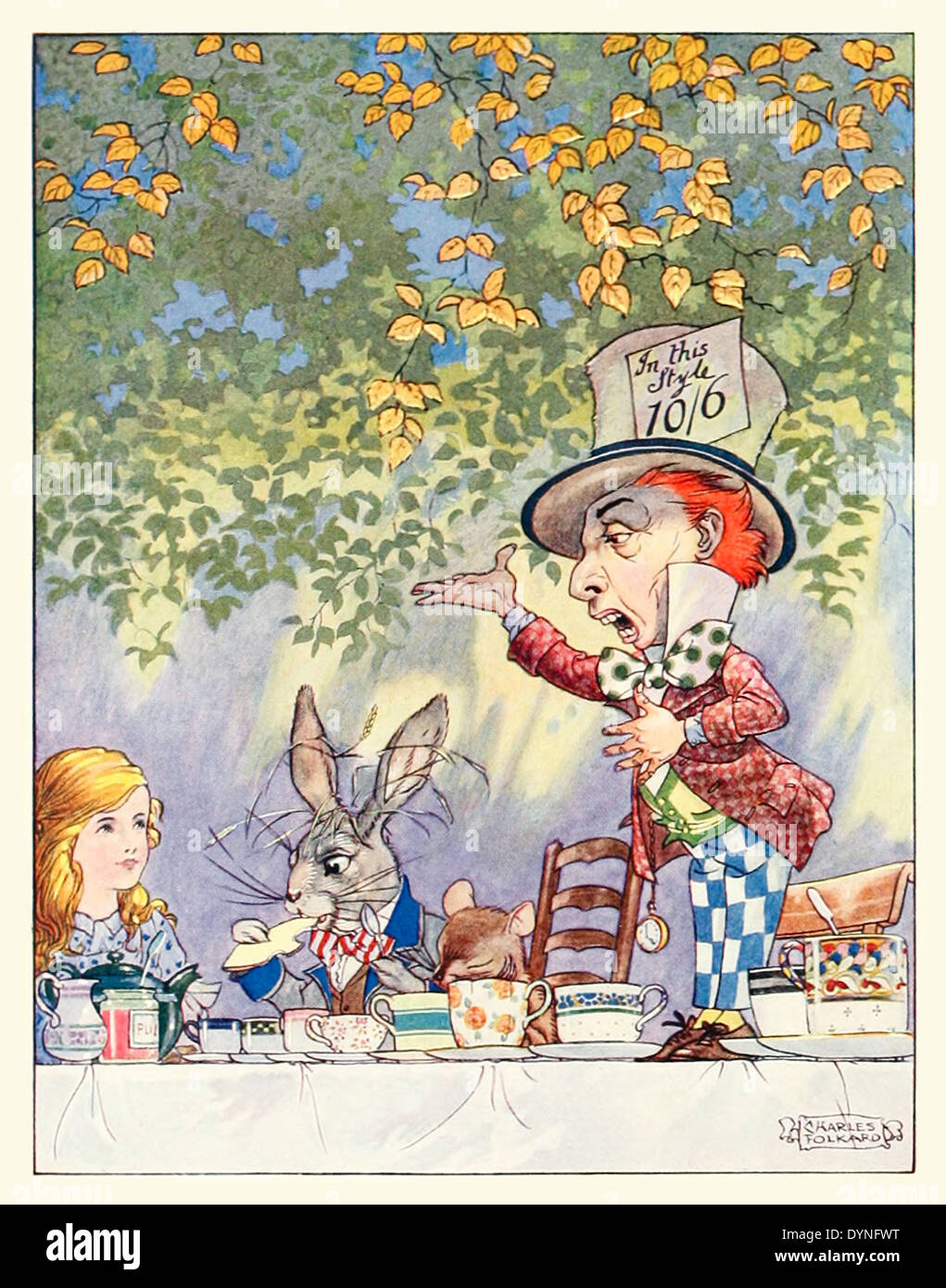 Frontispiece showing the Hatter's tea party from Lewis Carroll's 'Songs  from Alice in Wonderland and Through the Looking-Glass' illustrated by  Charles James Folkard (1878-1963). See description for more information  Stock Photo 