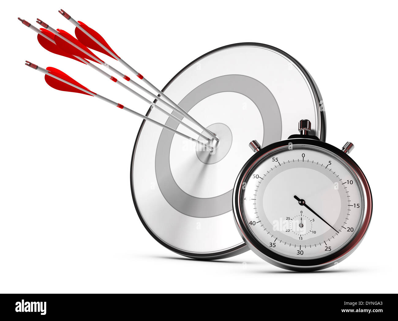 Four arrows hitting the center of a grey target plus a stopwatch, Illustration of SMART objectives or measurable goals. Stock Photo